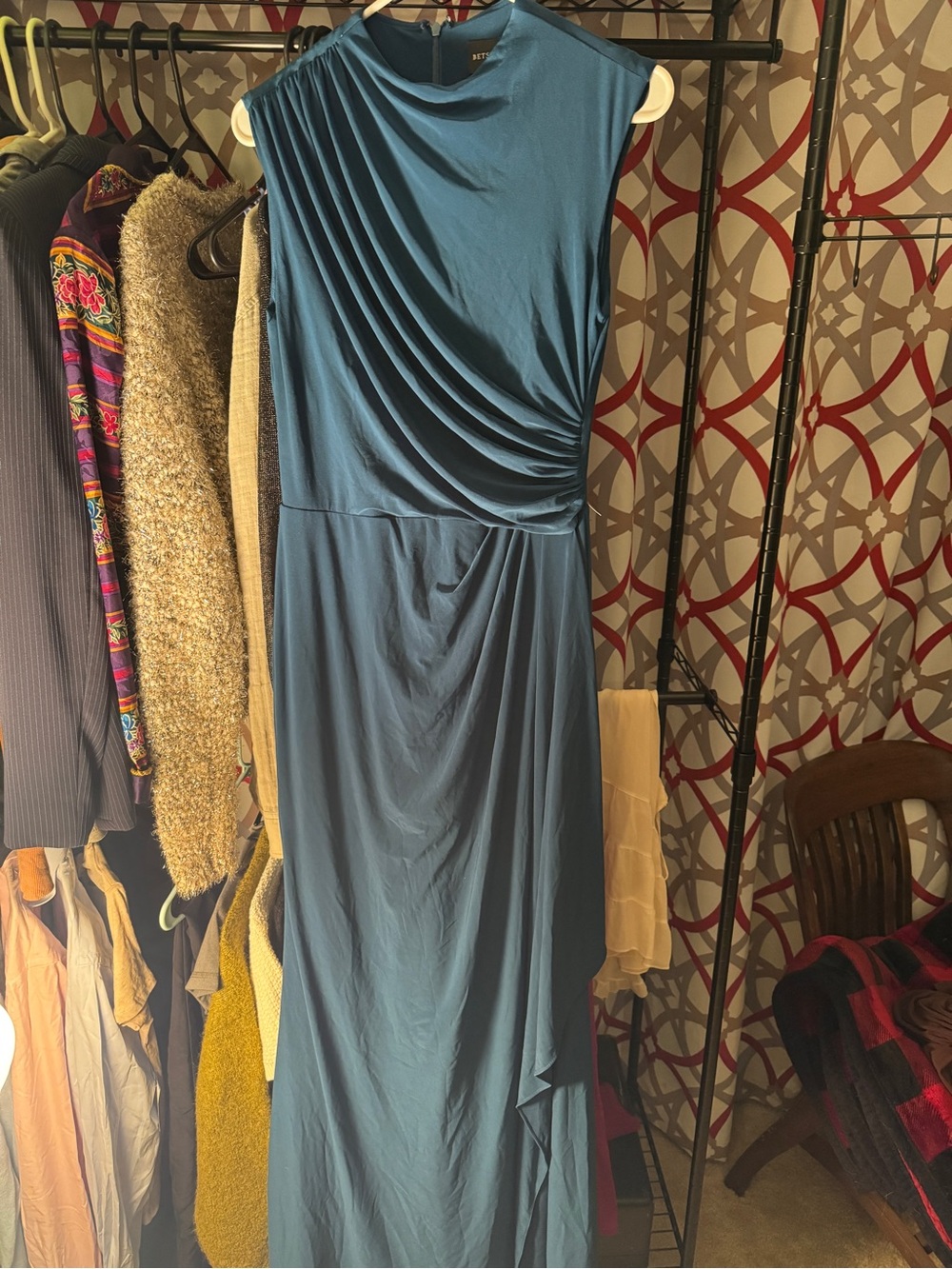 Betsy & Adam Teal Draped One-Shoulder Maxi Gown